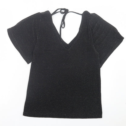 Peacocks Womens Black Polyamide Basic T-Shirt Size 8 V-Neck