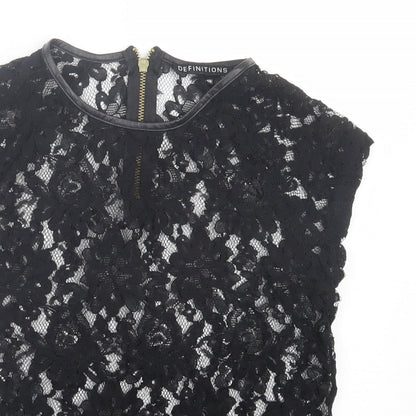Definitions Womens Black Floral Polyester Basic T-Shirt Size 10 Crew Neck
