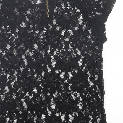 Definitions Womens Black Floral Polyester Basic T-Shirt Size 10 Crew Neck