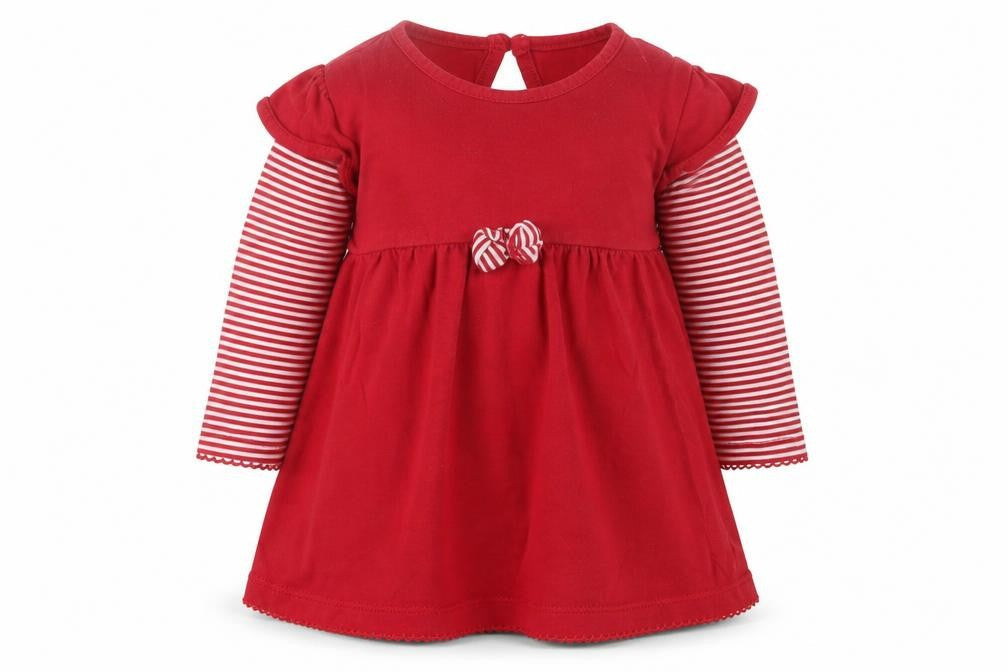Marks & Spencer Girls Red Striped Cotton A-Line Size 6-9 Months Crew Neck Button