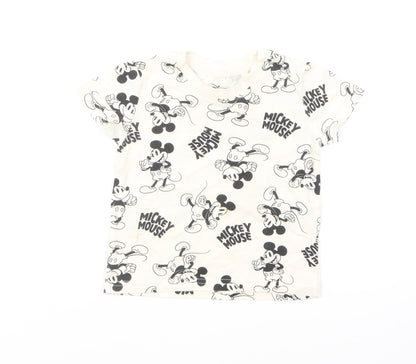 Preloved Primark Baby Ivory Geometric Cotton Basic T-Shirt Size 9-12 Months Round Neck Pullover - Mickey Mouse - Front