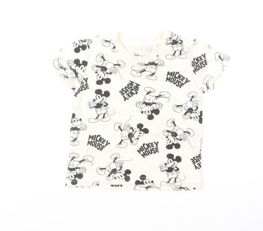 Primark Baby Ivory Geometric Cotton Basic T-Shirt Size 9-12 Months Round Neck Pullover - Mickey Mouse