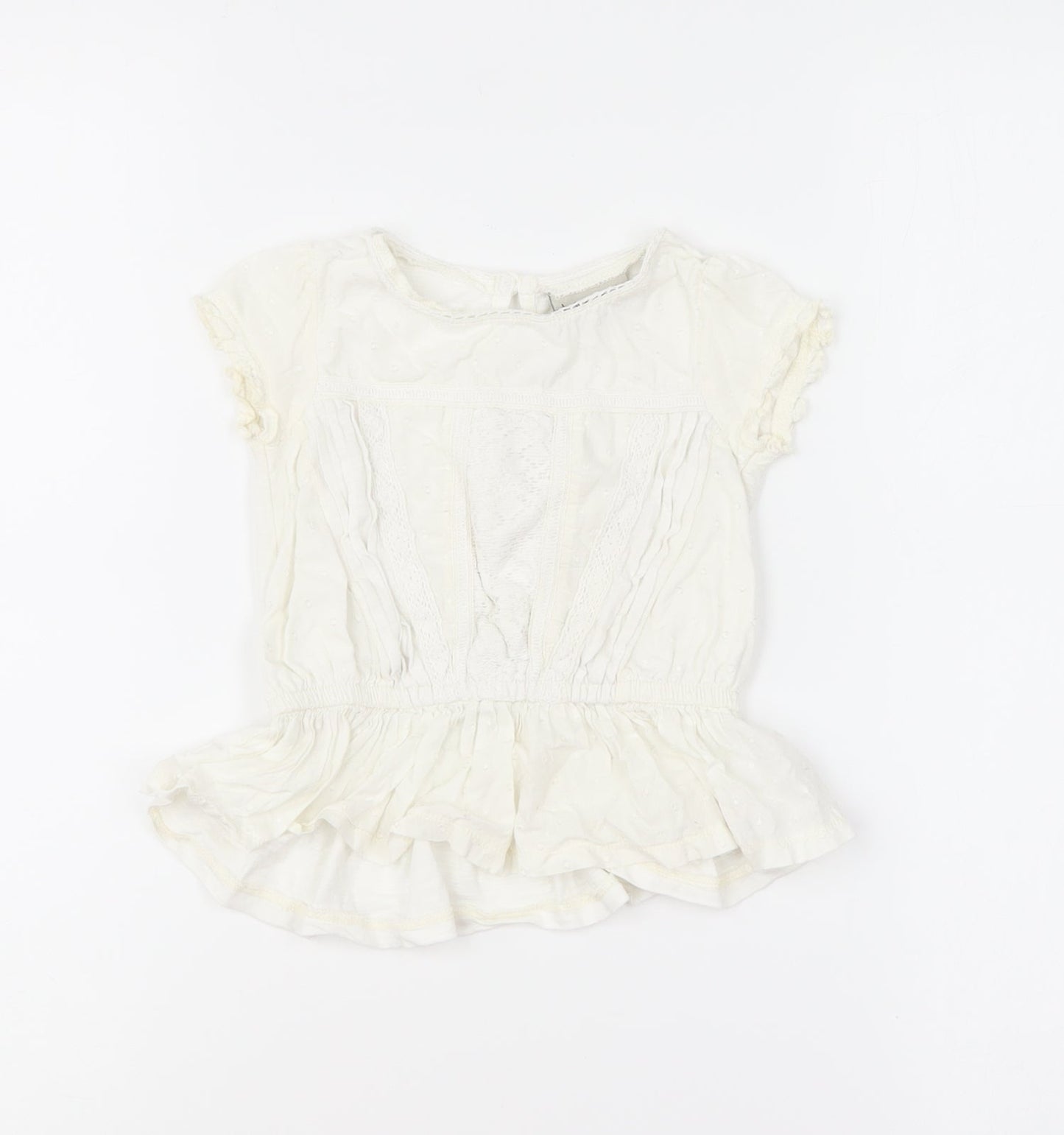 NEXT Girls Ivory Cotton Basic Blouse Size 9-12 Months Round Neck Button - Broderie Anglaise Peplum