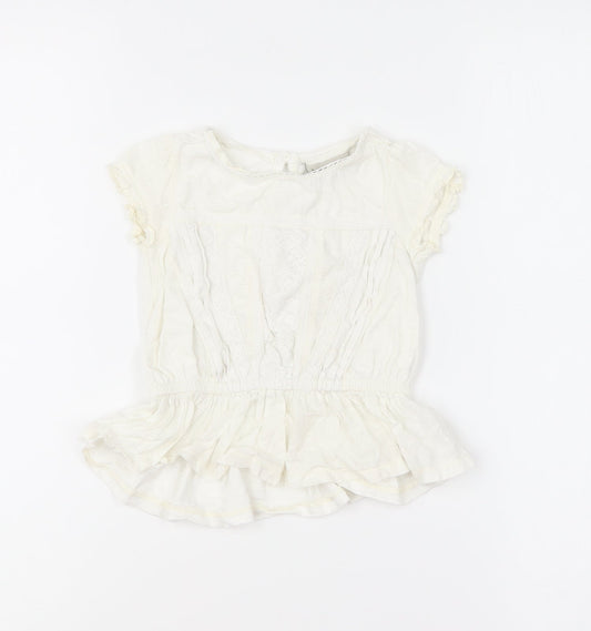 NEXT Girls Ivory Cotton Basic Blouse Size 9-12 Months Round Neck Button - Broderie Anglaise Peplum