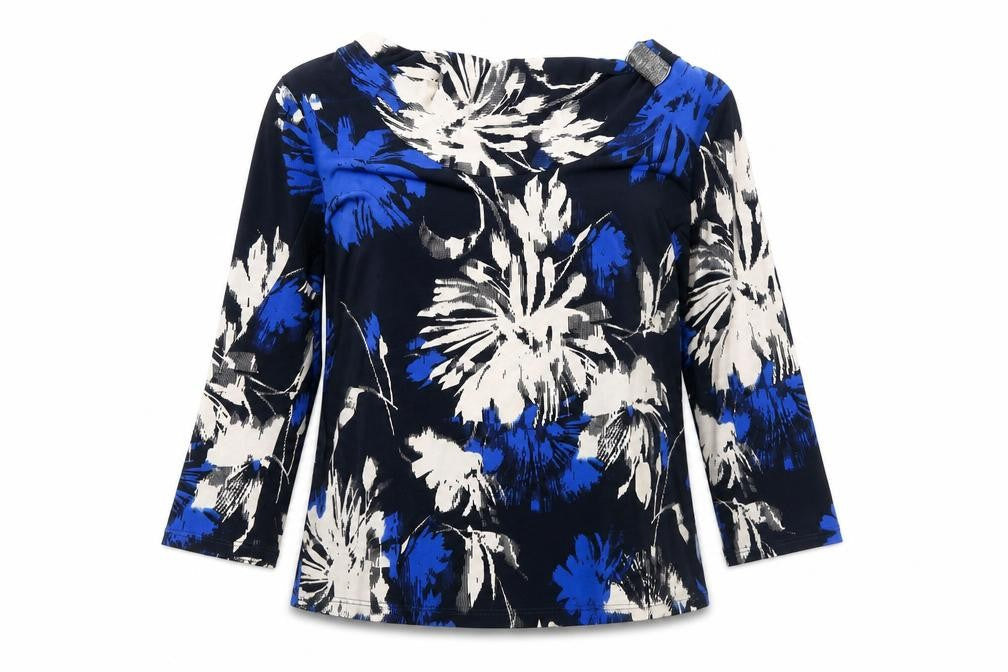 Country Casuals Womens Blue Floral Polyester Basic T-Shirt Size L Boat Neck