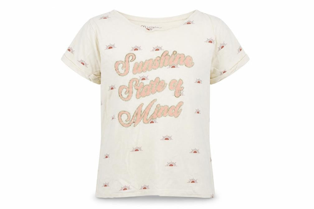 Primark Girls Beige Geometric Cotton Basic T-Shirt Size 10-11 Years Round Neck Pullover - Sunshine State of Mind