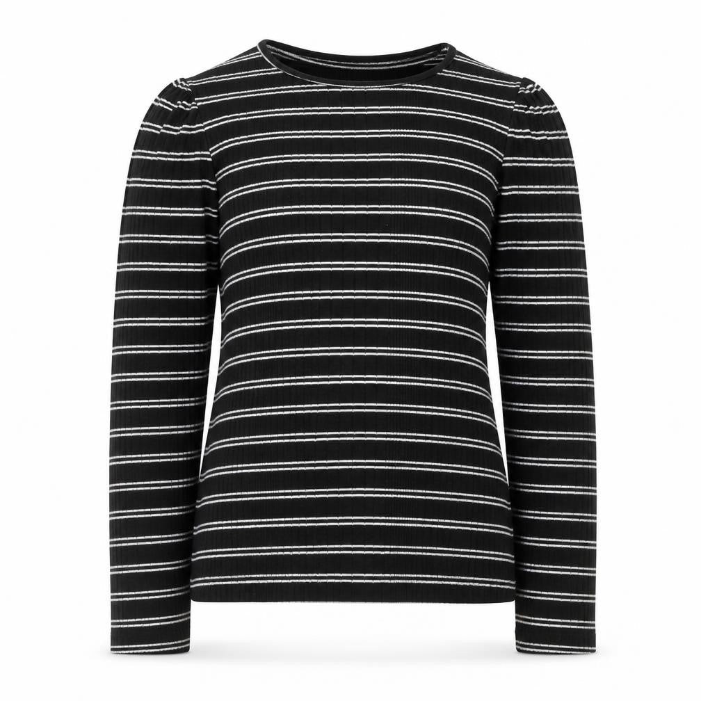 F&F Girls Black Striped Polyester Basic T-Shirt Size 9-10 Years Round Neck Pullover - Ribbed