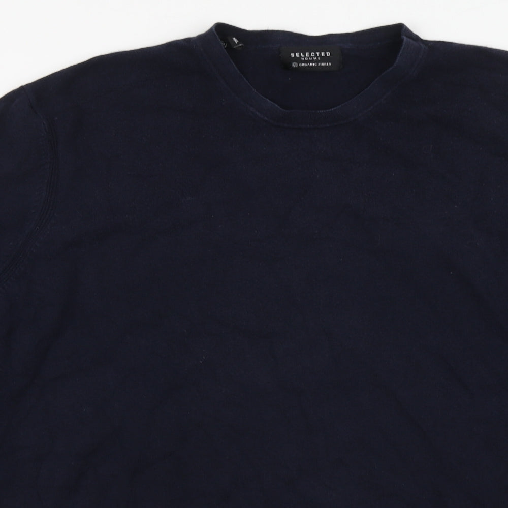 Selected Mens Blue Round Neck Cotton Pullover Jumper Size 2XL