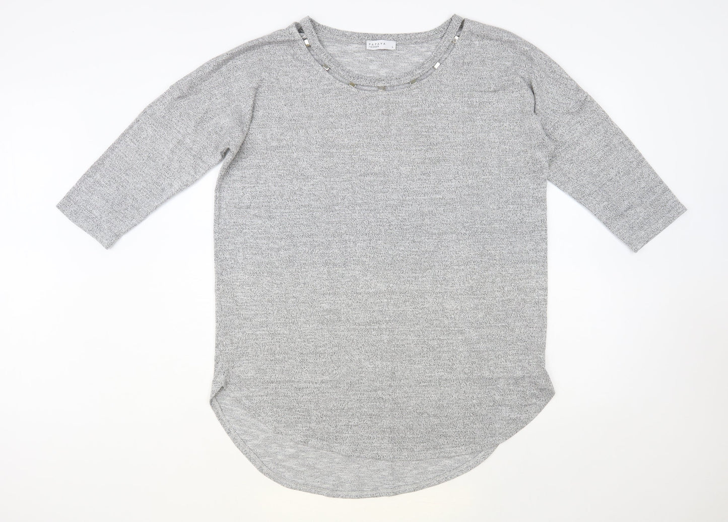 Papaya Womens Grey Round Neck Viscose Tunic Jumper Size L - Embellished Neckline