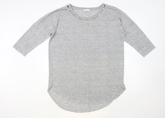 Papaya Womens Grey Round Neck Viscose Tunic Jumper Size L - Embellished Neckline