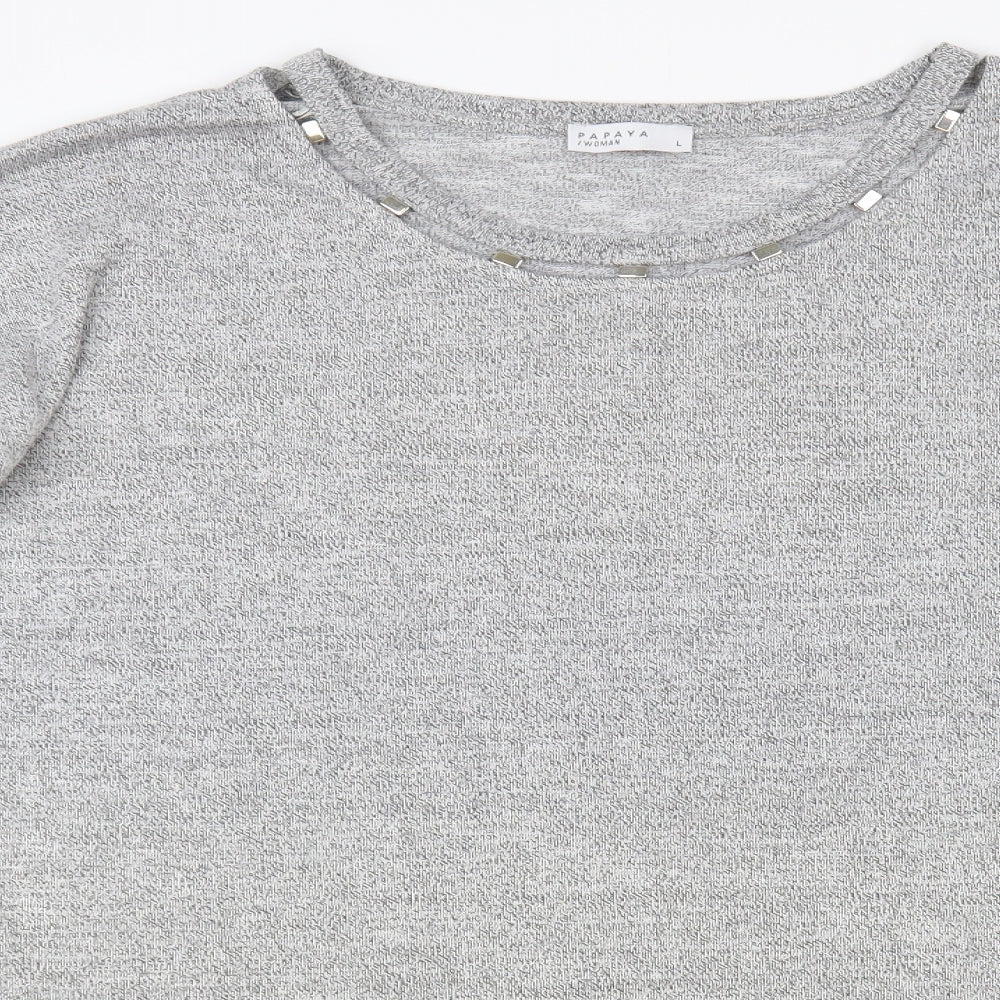 Papaya Womens Grey Round Neck Viscose Tunic Jumper Size L - Embellished Neckline