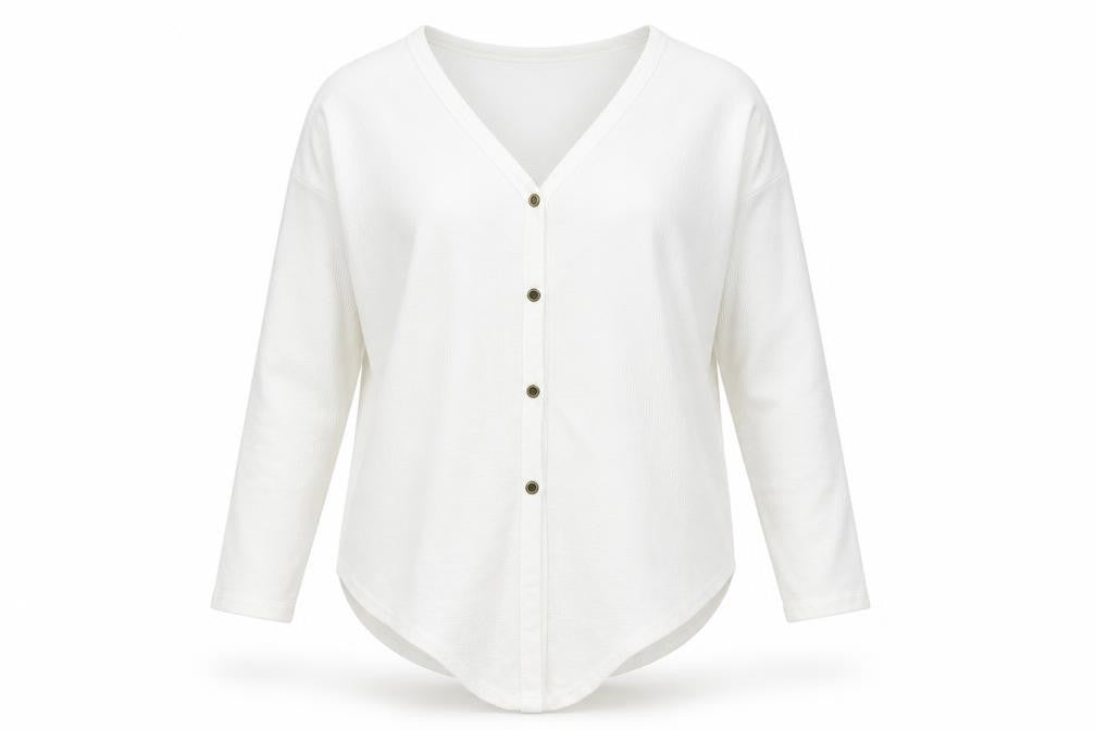 Iwollence Womens White Polyester Basic Button-Up Size M V-Neck - Front Knot