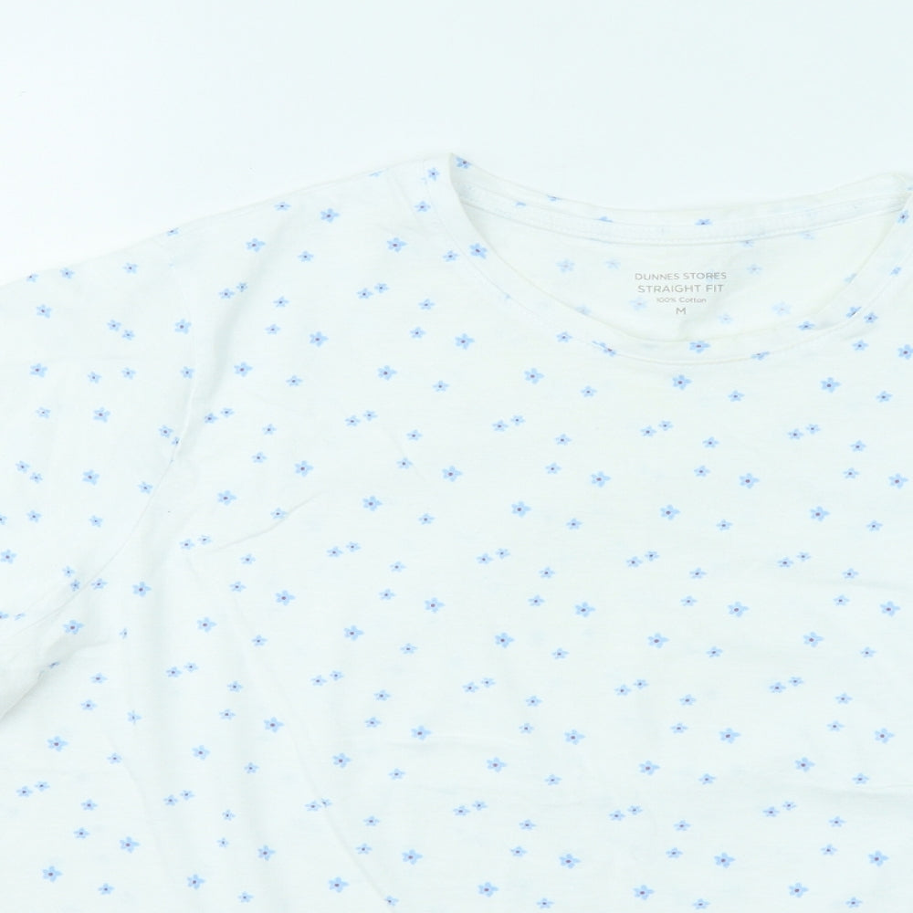 Dunnes Stores Womens White Floral Cotton Basic T-Shirt Size M Round Neck