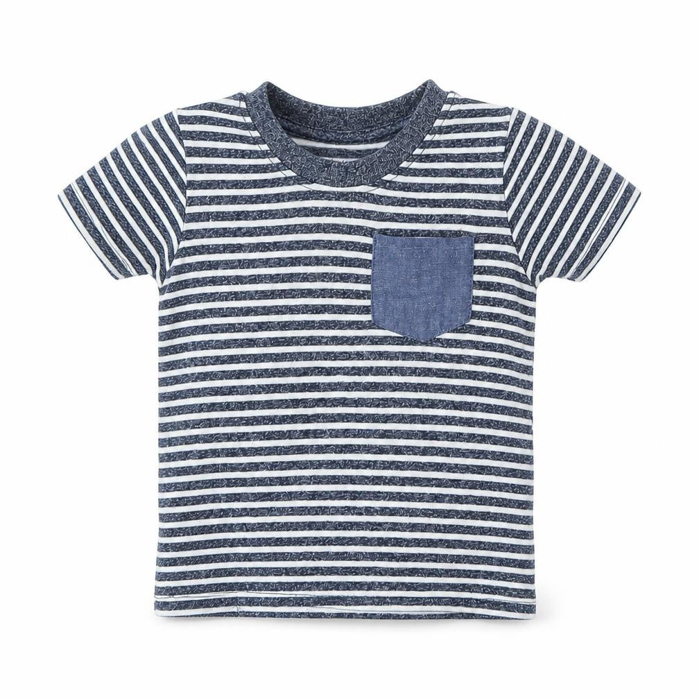 Primark Boys Blue Striped Cotton Basic T-Shirt Size 9-12 Months Round Neck - Pocket Detail