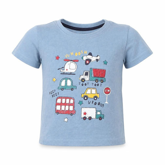 Primark Boys Blue Cotton Basic T-Shirt Size 9-12 Months Round Neck Pullover - Cars