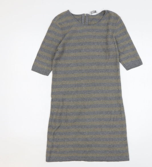 Oui Womens Grey Striped Cotton Jumper Dress Size 10 Round Neck Zip