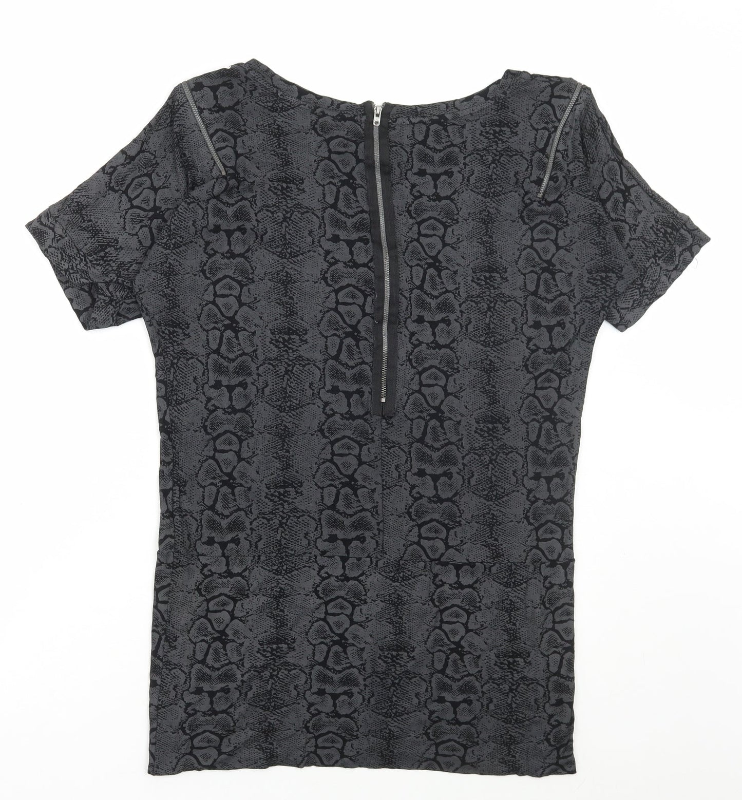 Marks and Spencer Womens Grey Animal Print Polyester Basic T-Shirt Size 8 Scoop Neck