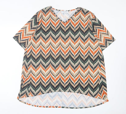 Emilia Classics Womens Orange Geometric Polyester Basic T-Shirt Size L V-Neck
