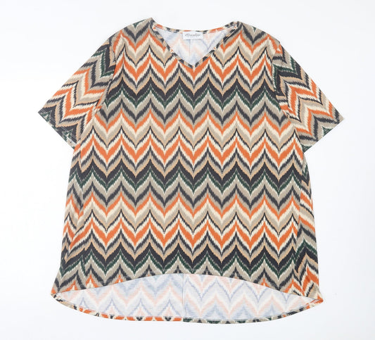 Emilia Classics Womens Orange Geometric Polyester Basic T-Shirt Size L V-Neck