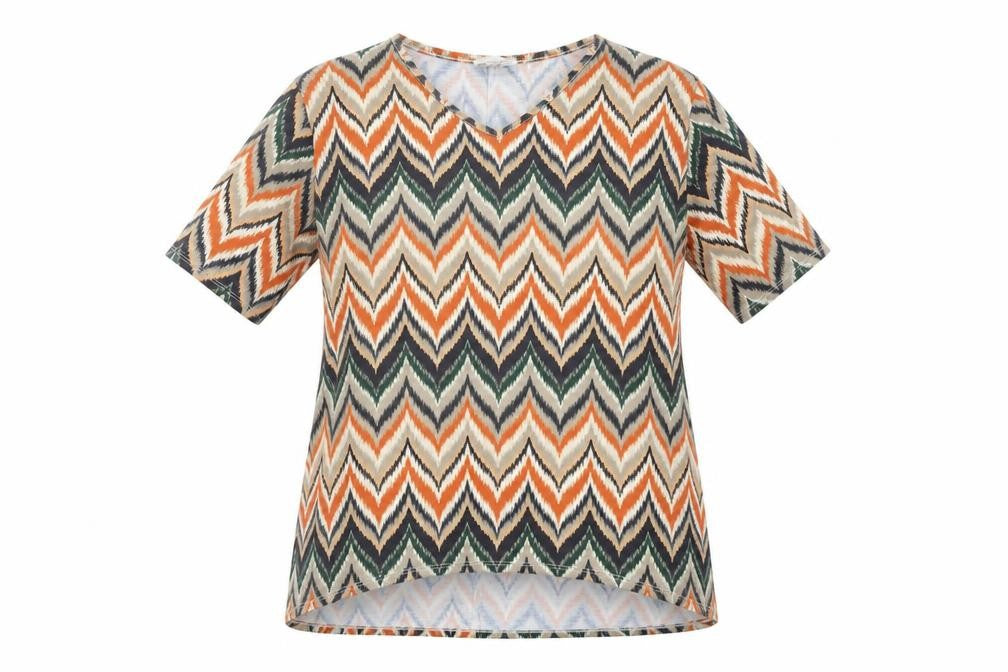 Emilia Classics Womens Orange Geometric Polyester Basic T-Shirt Size L V-Neck