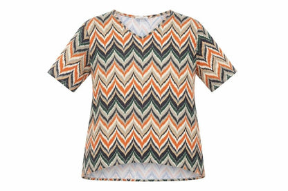 Emilia Classics Womens Orange Geometric Polyester Basic T-Shirt Size L V-Neck