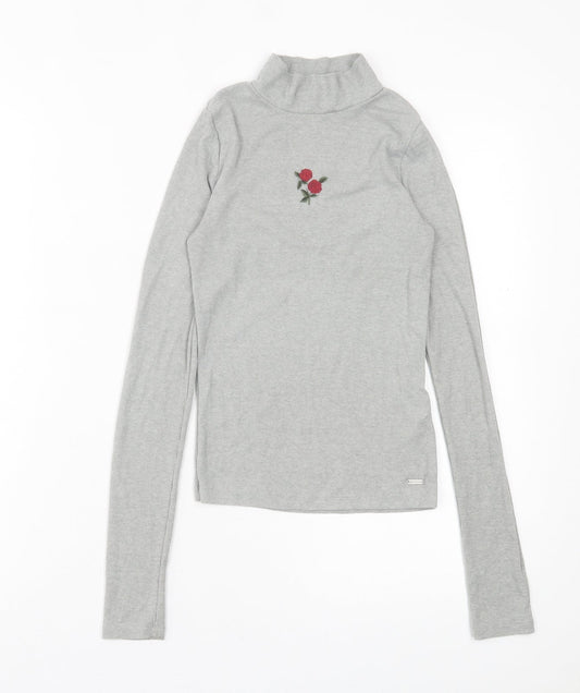Hollister Womens Grey Cotton Basic T-Shirt Size S High Neck - Roses