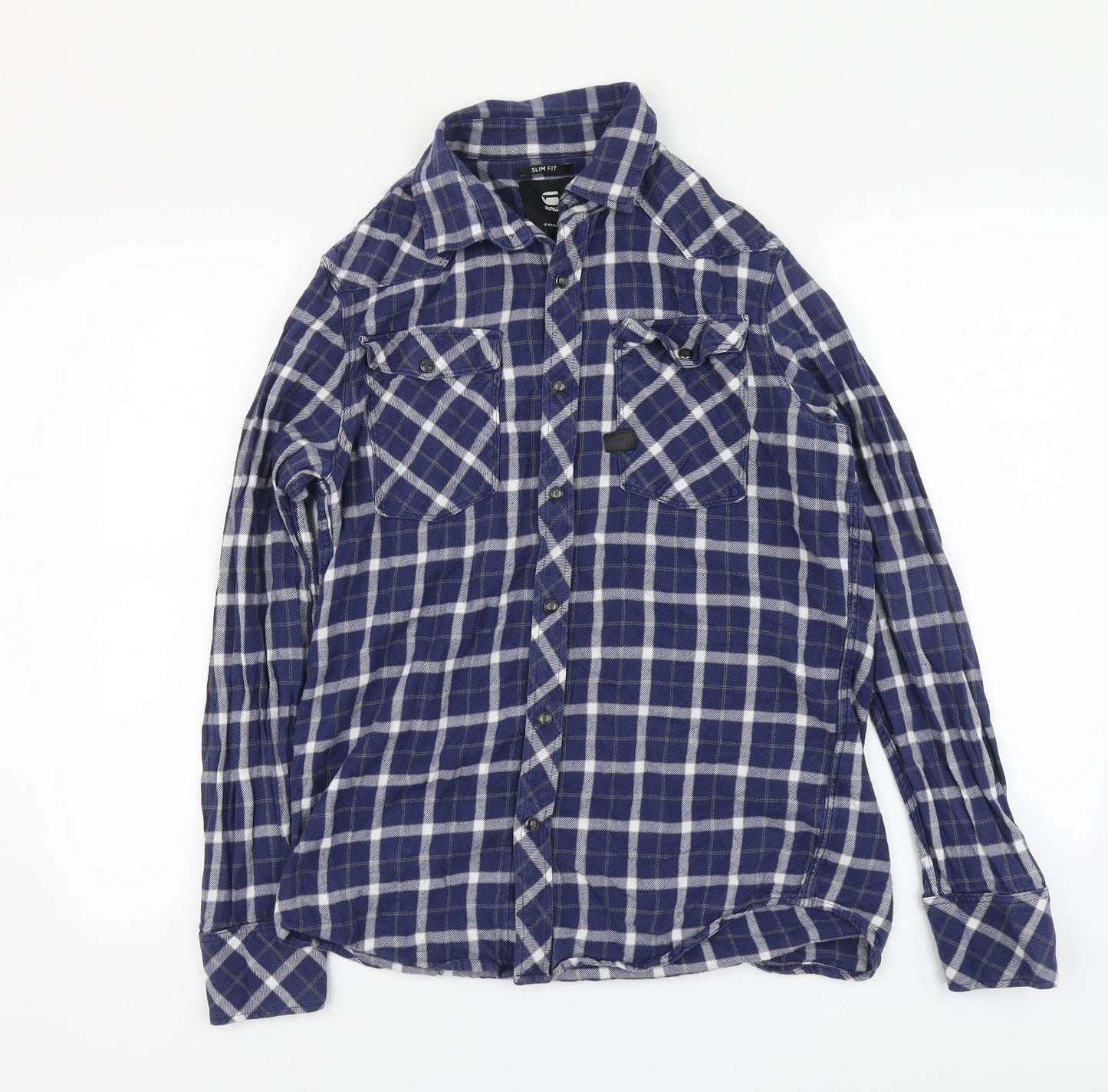 Raw Mens Blue Plaid Cotton Button-Up Size M Collared Button