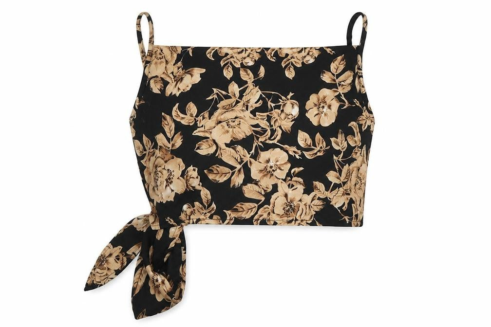 SheIn Womens Black Floral Polyester Basic Blouse Size S Square Neck - Tie Back