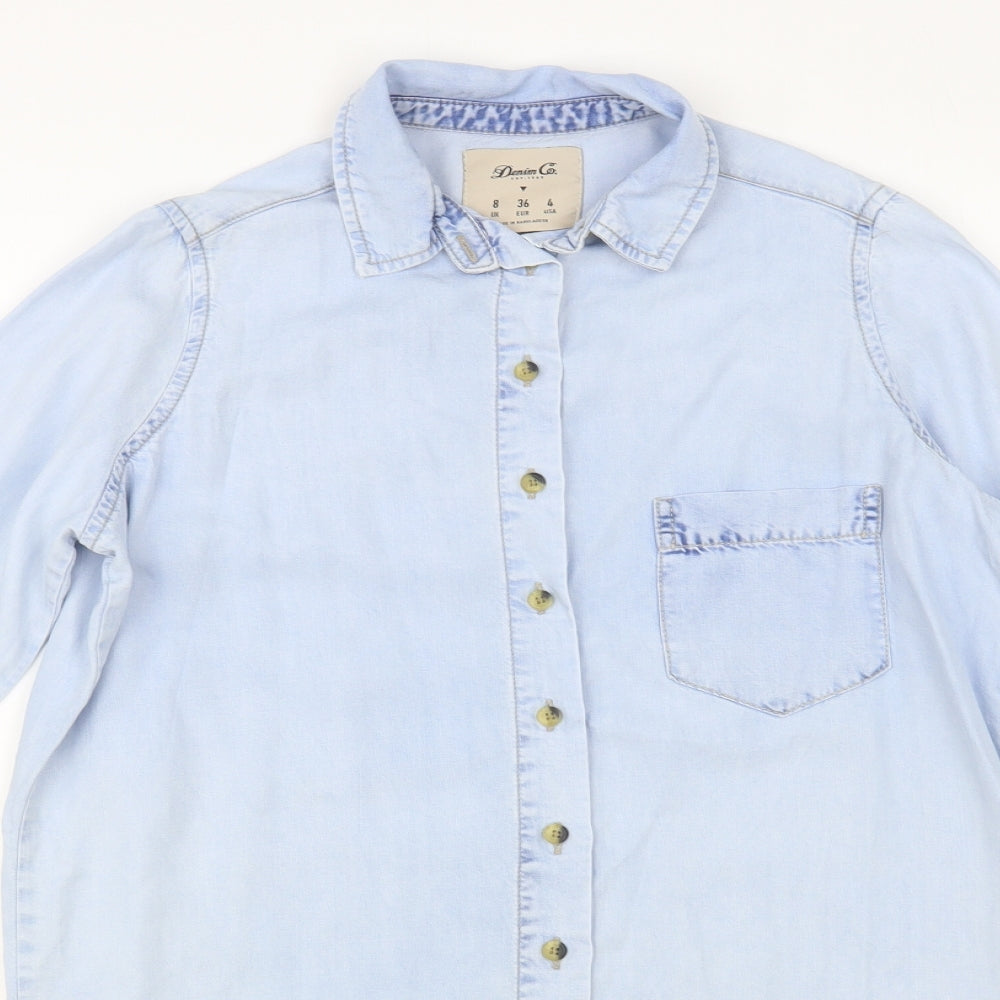 Denim Co. Womens Blue Lyocell Basic Button-Up Size 8 Collared