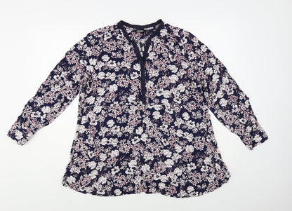 Olsen Womens Blue Floral Viscose Basic Blouse Size M V-Neck