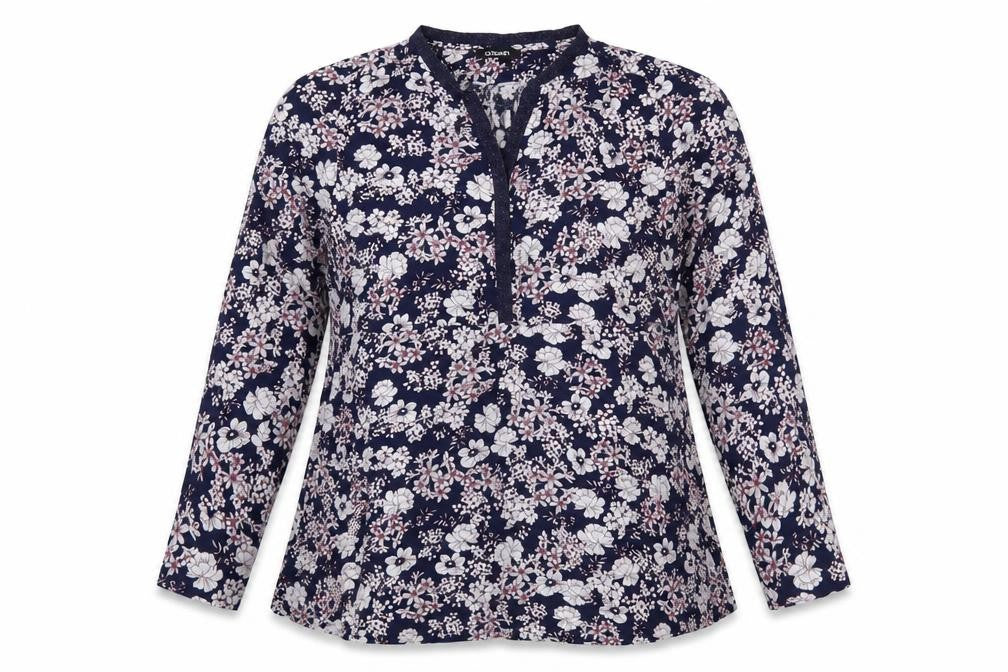 Olsen Womens Blue Floral Viscose Basic Blouse Size M V-Neck