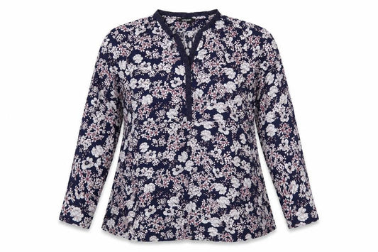 Olsen Womens Blue Floral Viscose Basic Blouse Size M V-Neck