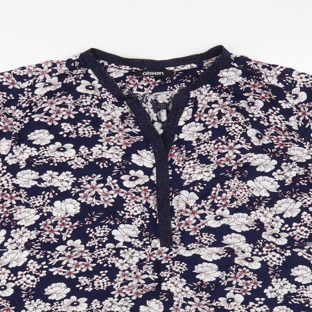 Olsen Womens Blue Floral Viscose Basic Blouse Size M V-Neck