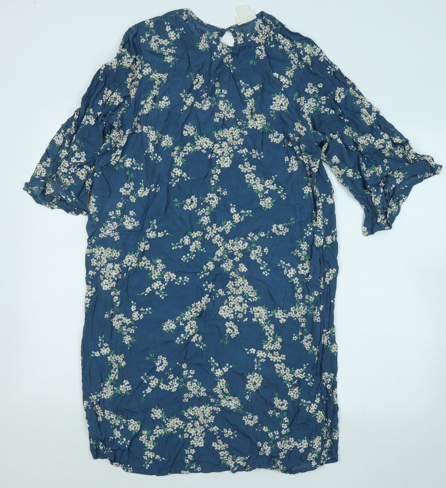 H&M Womens Blue Floral Viscose T-Shirt Dress Size 10 Round Neck Button