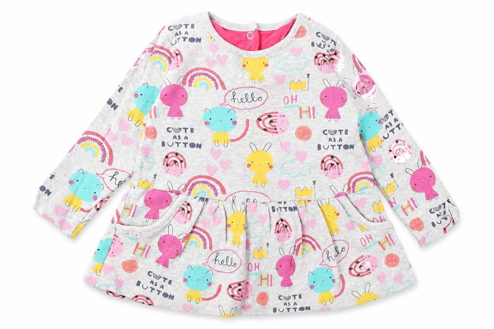 M Girls Grey Geometric Cotton Skater Dress Size 9-12 Months Round Neck Snap - Cartoon Animals