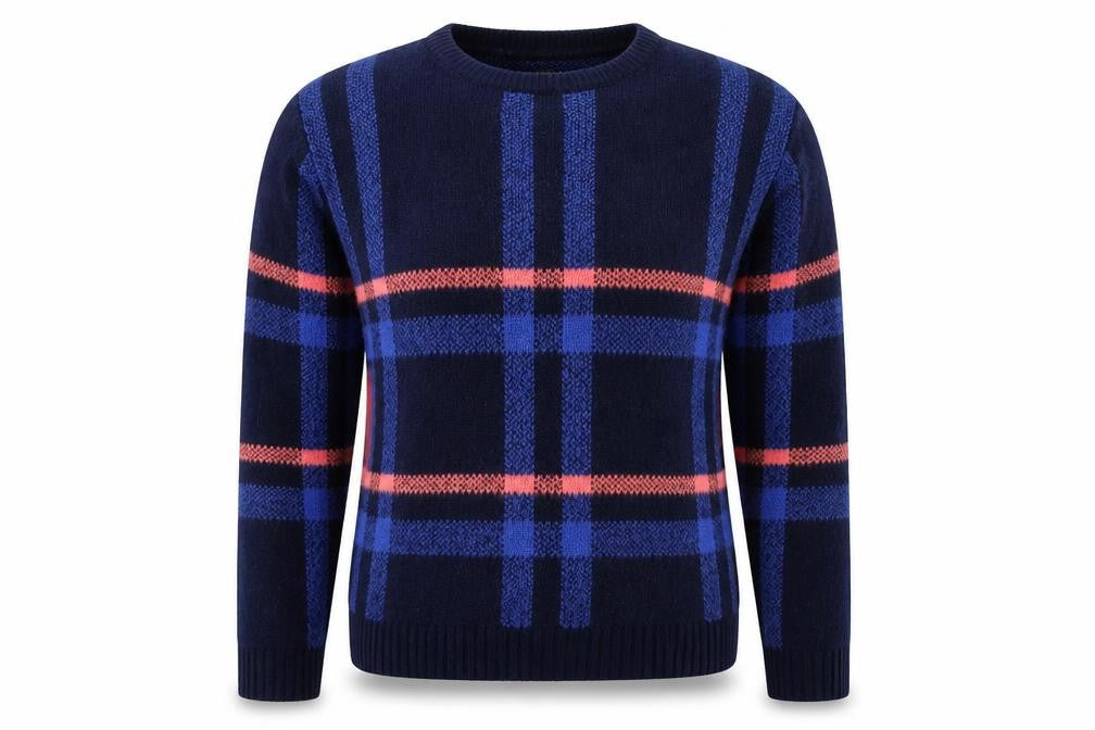 Preworn Womens Blue Round Neck Plaid Acrylic Pullover Jumper Size M