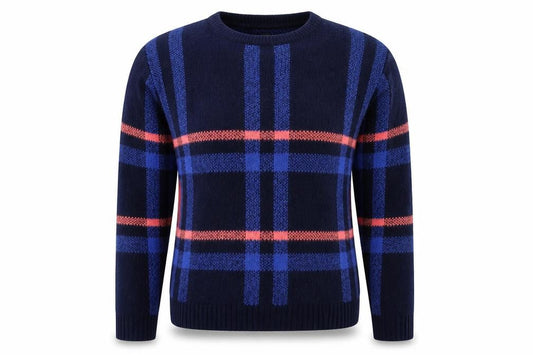 Preworn Womens Blue Round Neck Plaid Acrylic Pullover Jumper Size M
