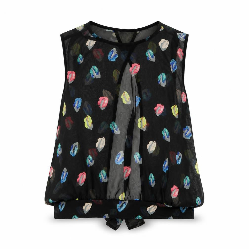 George Womens Black Geometric Polyester Basic Blouse Size 14 Round Neck - Lips