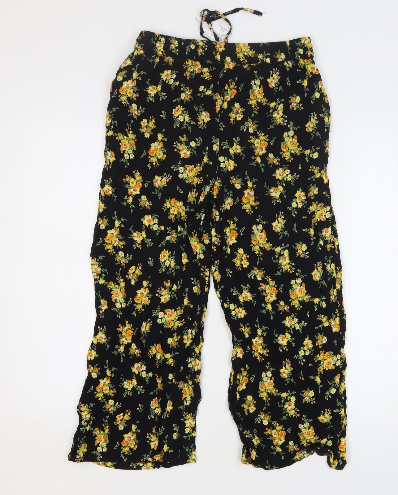 Miss Selfridge Womens Black Floral Cotton Cropped Trousers Size 8 L23 in Regular Drawstring