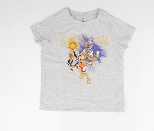 Marks and Spencer Boys Grey Cotton Basic T-Shirt Size 7-8 Years Round Neck Pullover - Space Jam