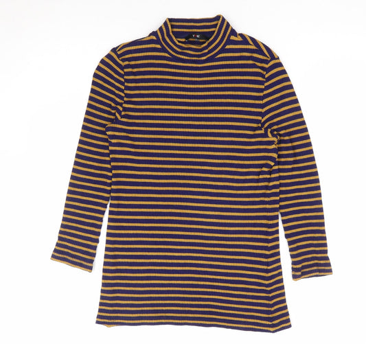 Yest Womens Blue Striped Polyester Jersey T-Shirt Size 10 Mock Neck - Ribbed