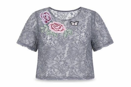New Look Womens Grey Floral Polyester Cropped T-Shirt Size 12 Round Neck - Butterfly