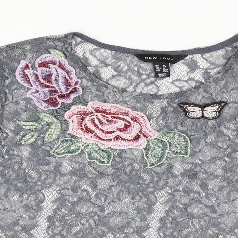 New Look Womens Grey Floral Polyester Cropped T-Shirt Size 12 Round Neck - Butterfly