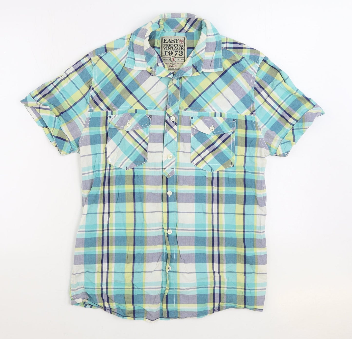 Easy Mens Multicoloured Plaid Cotton Button-Up Size S Collared Button