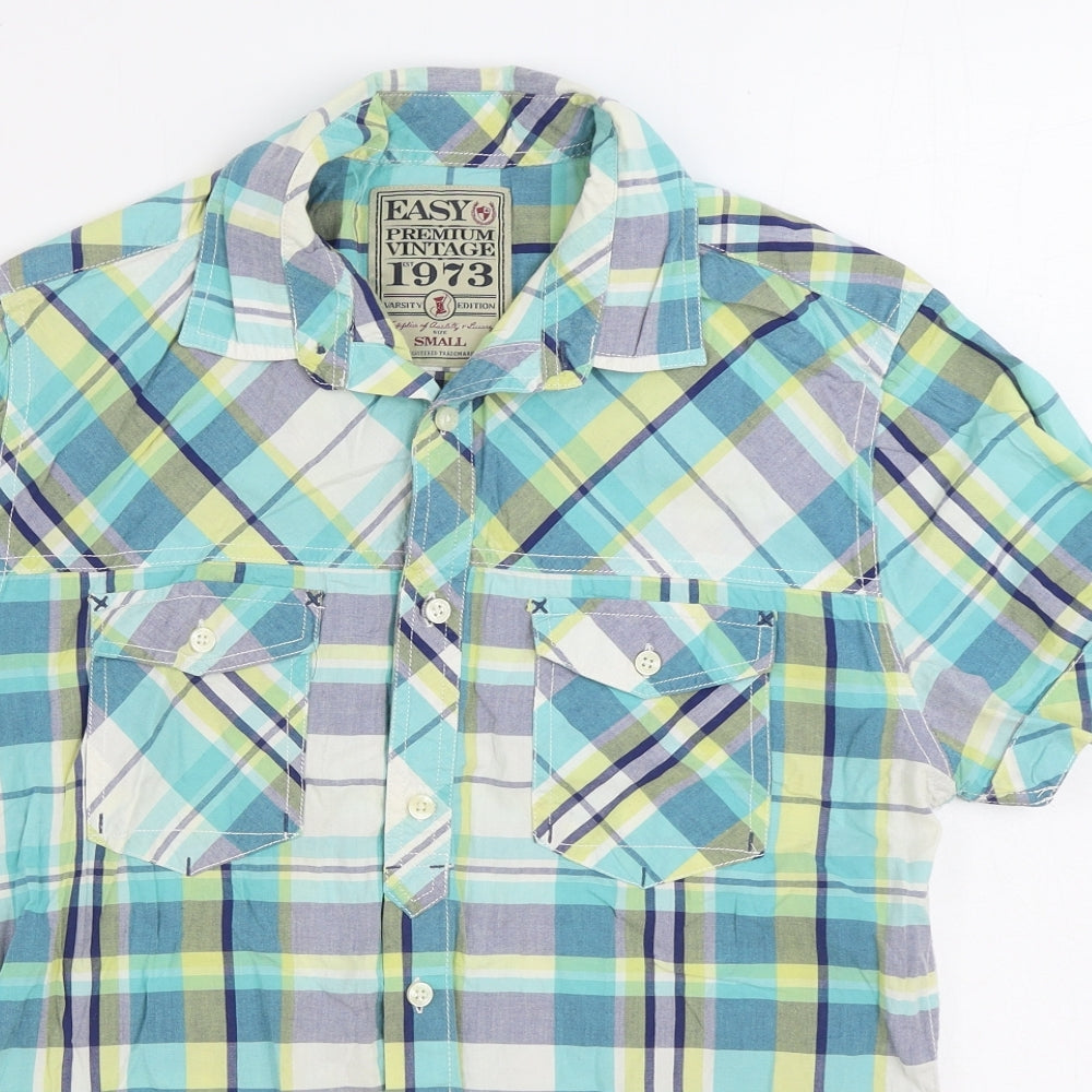 Easy Mens Multicoloured Plaid Cotton Button-Up Size S Collared Button