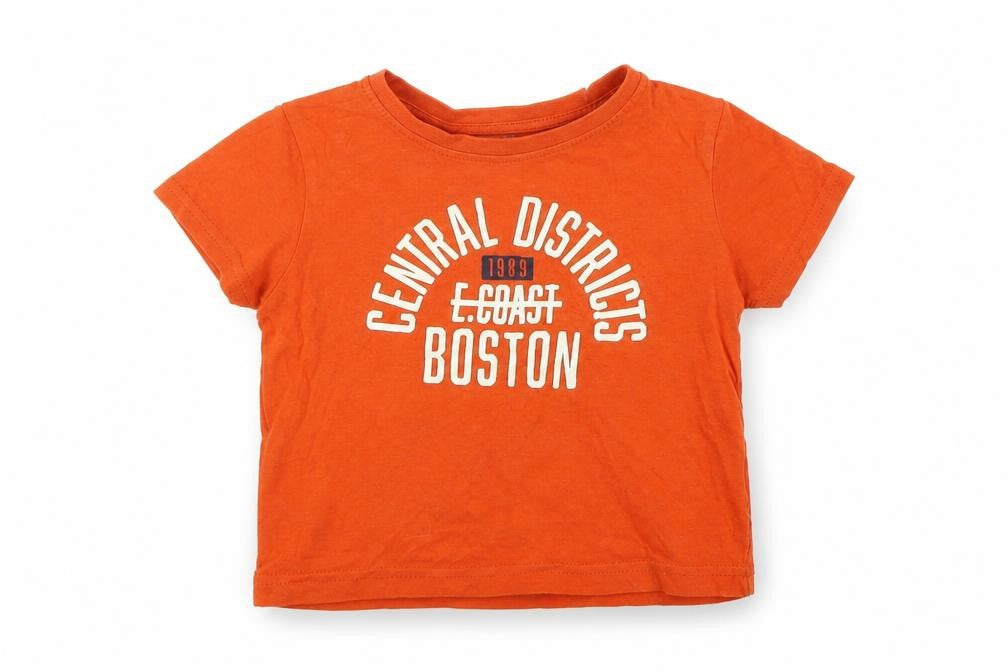 Primark Boys Orange Cotton Basic T-Shirt Size 18-24 Months Round Neck Pullover - Boston