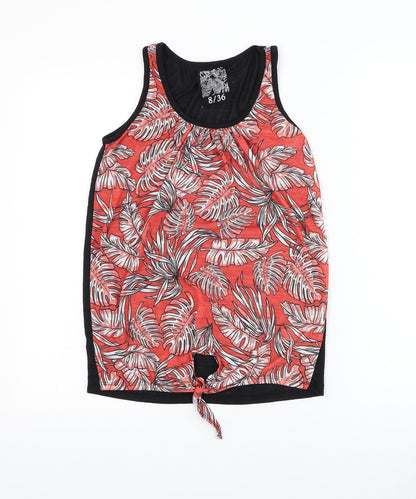 Dunnes Womens Red Floral Polyester Basic Tank Size 8 Round Neck - Knot Front