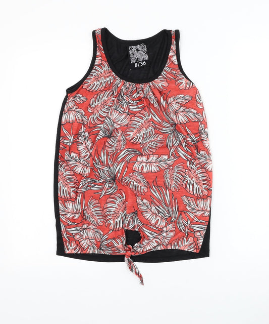 Dunnes Stores Womens Red Floral Polyester Basic Tank Size 8 Round Neck - Knot Front