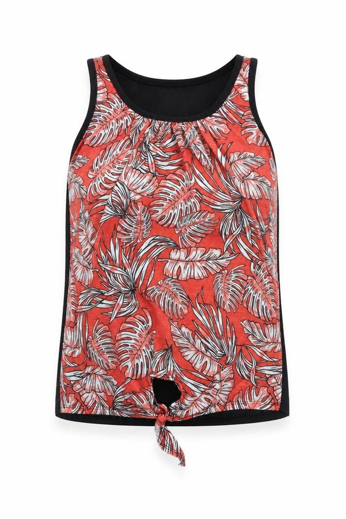 Dunnes Stores Womens Red Floral Polyester Basic Tank Size 8 Round Neck - Knot Front