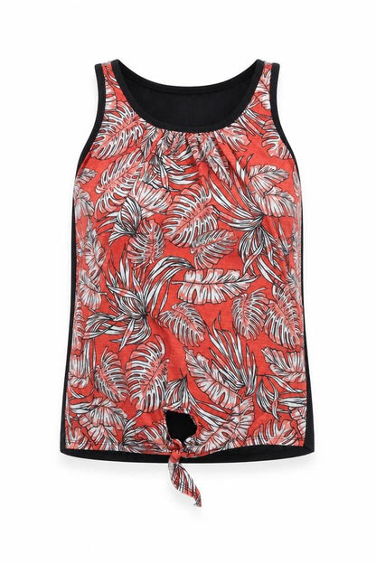 Dunnes Womens Red Floral Polyester Basic Tank Size 8 Round Neck - Knot Front